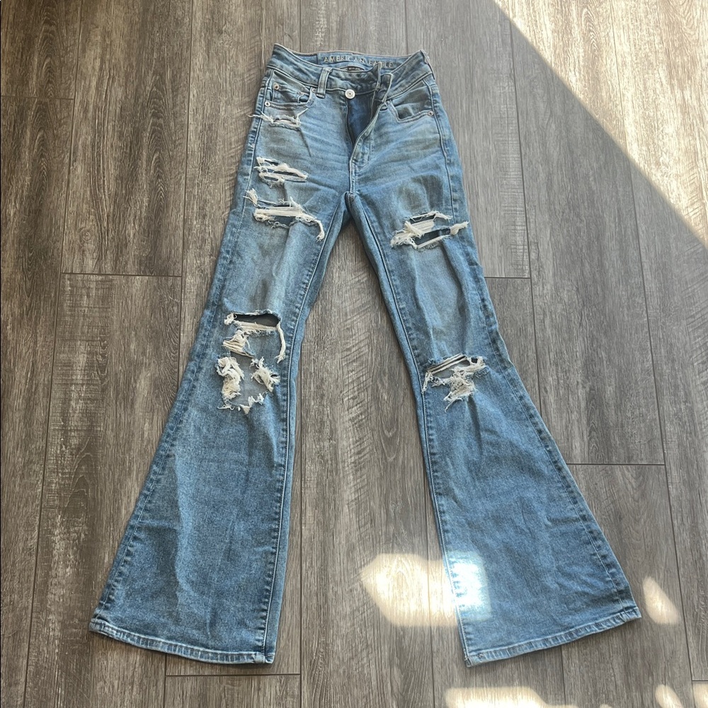 American Eagle Outfitters Light Blue Distressed Flare Jeans
